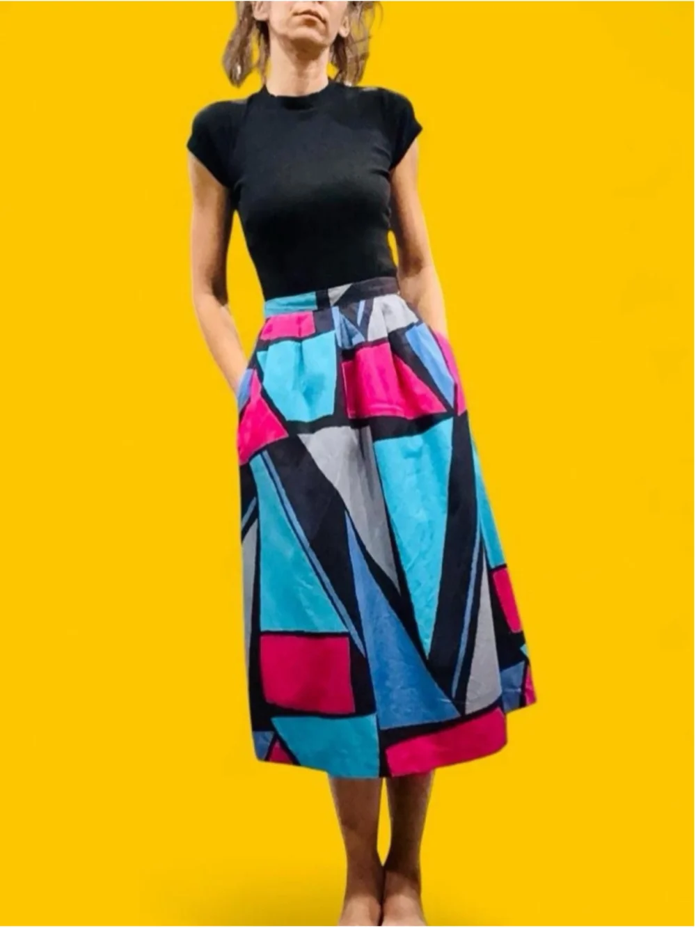 Vintage 1980s Jonathan Martin Naturals Geometric Colorblock Midi Skirt Pockets